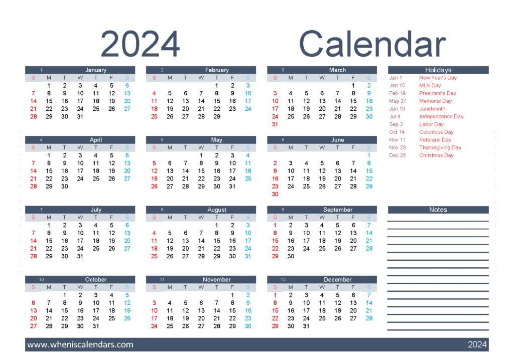 Download 2024 blank calendar printable A5 Horizontal (O4Y060)