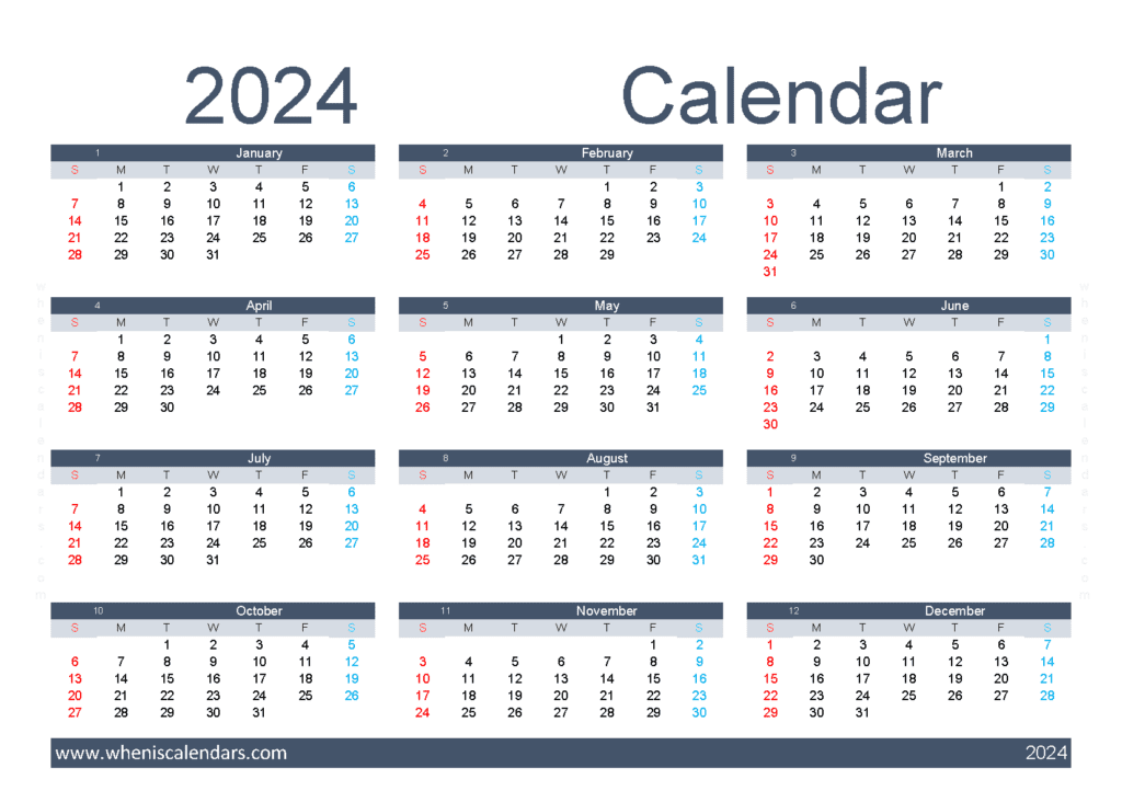 free Calendar 2024 with holidays printable A5 in Horizontal landscape