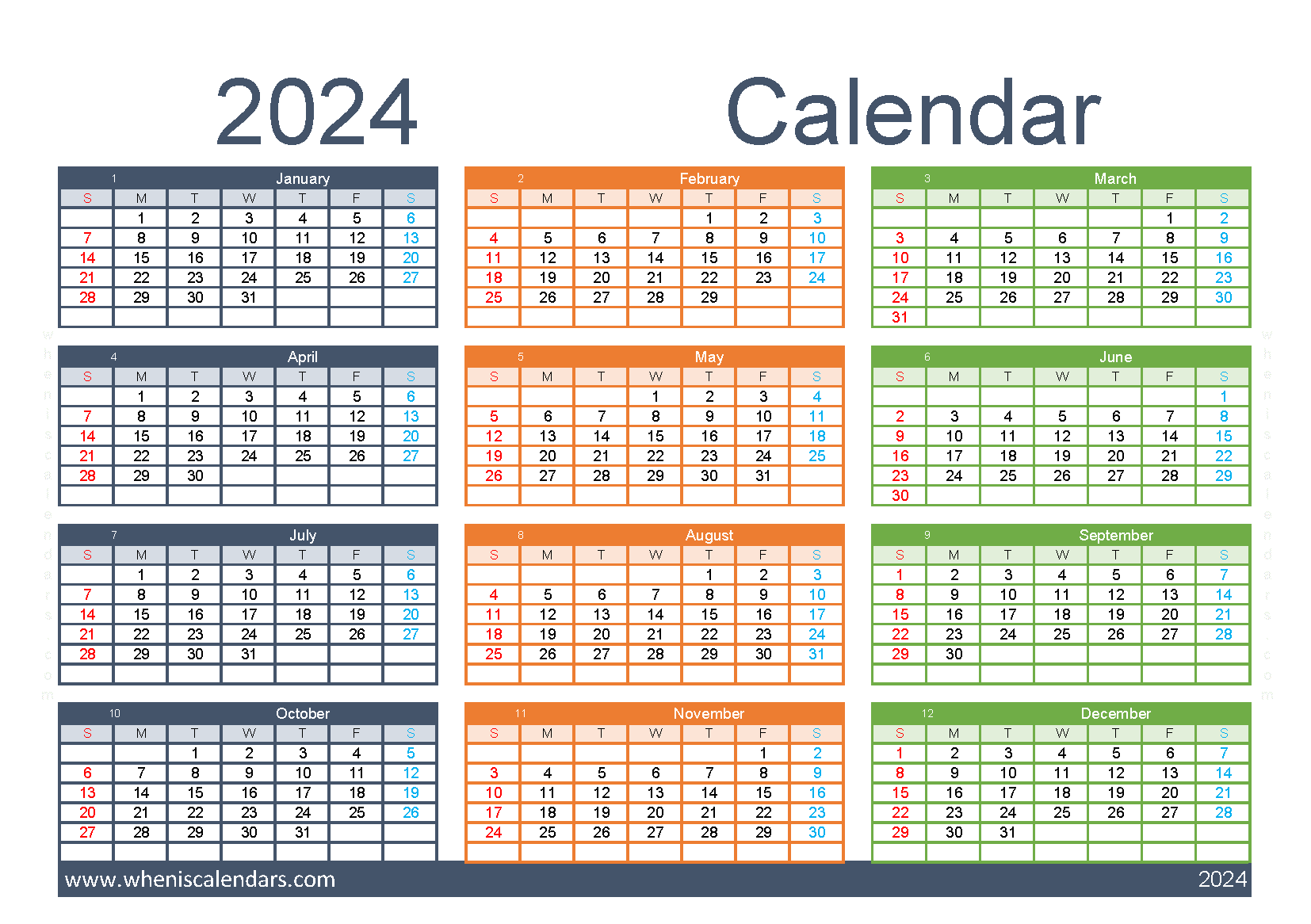 free Calendar 2024 with holidays printable A5 in Horizontal landscape