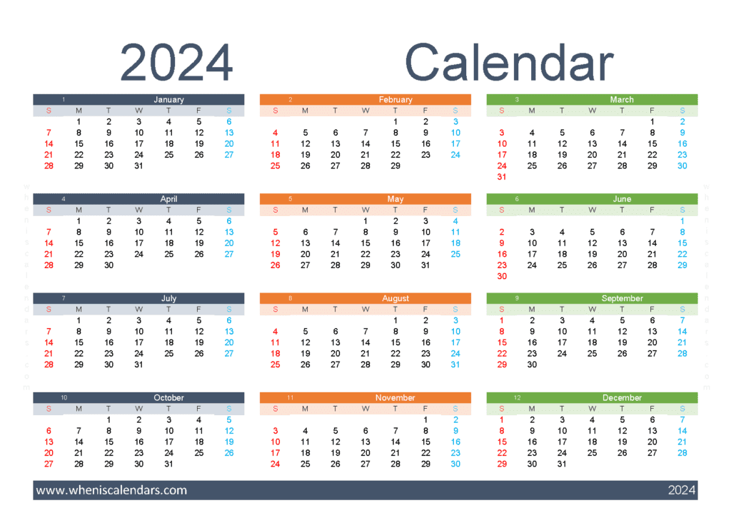 Download printable 2024 yearly calendar A5 Horizontal (O4Y150)
