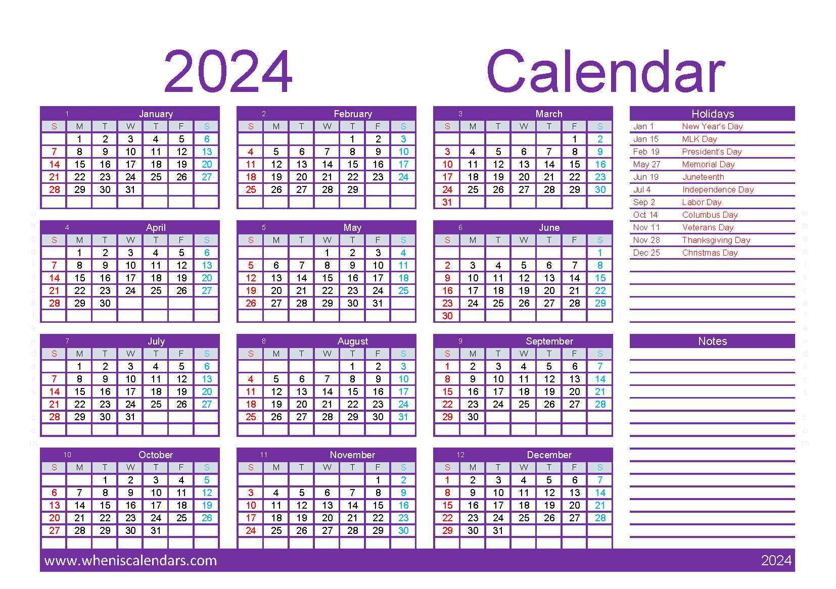 Download free Calendar 2024 with Holidays printable A5 in horizontal landscape