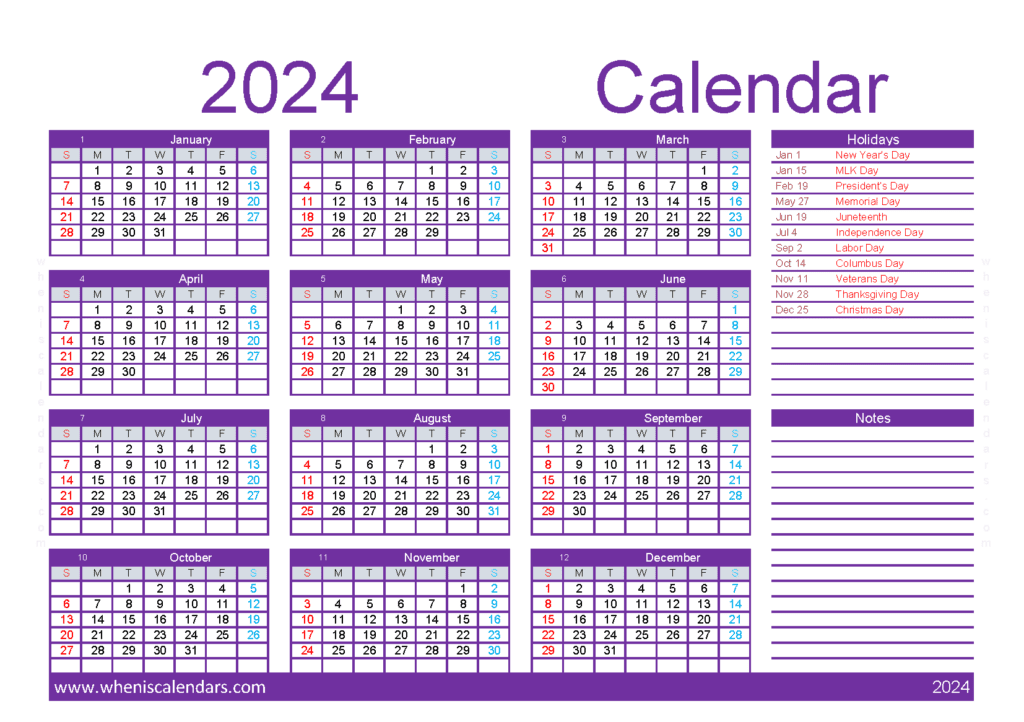Download print 2024 calendar A5 Horizontal (O4Y063)