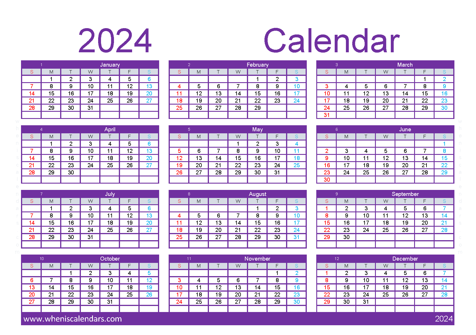 free printable Calendar 2024 with holidays A5 in Horizontal landscape