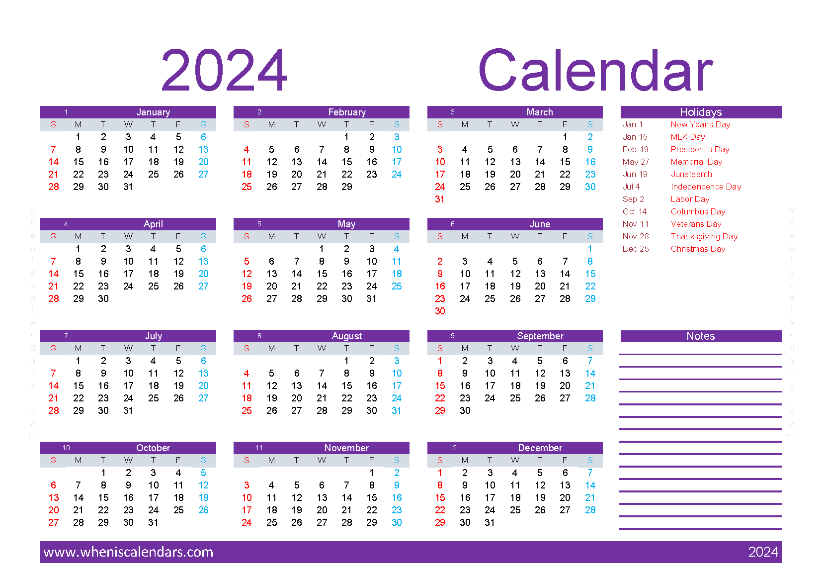 Download free Calendar 2024 with Holidays printable A5 in horizontal landscape