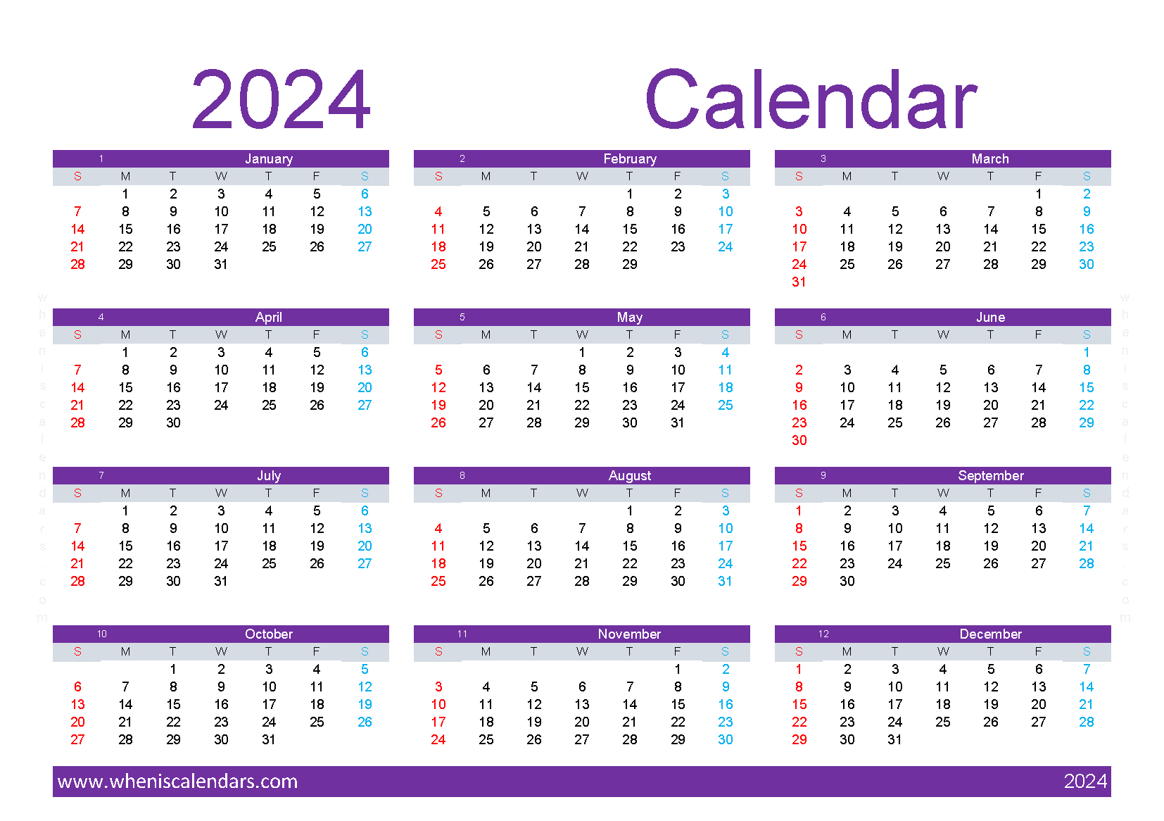 Download 2024 calendar template pdf A5 O24Y329