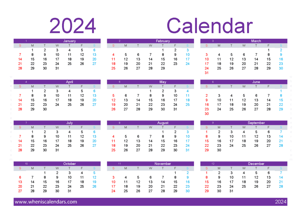Download 2024 calendar template pdf A5 Horizontal (O4Y152)
