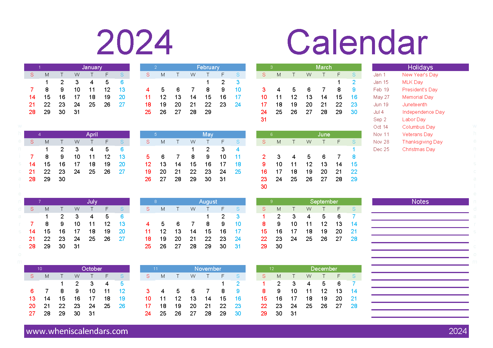Free Calendar 2024 with Holidays printable A5 in horizontal landscape