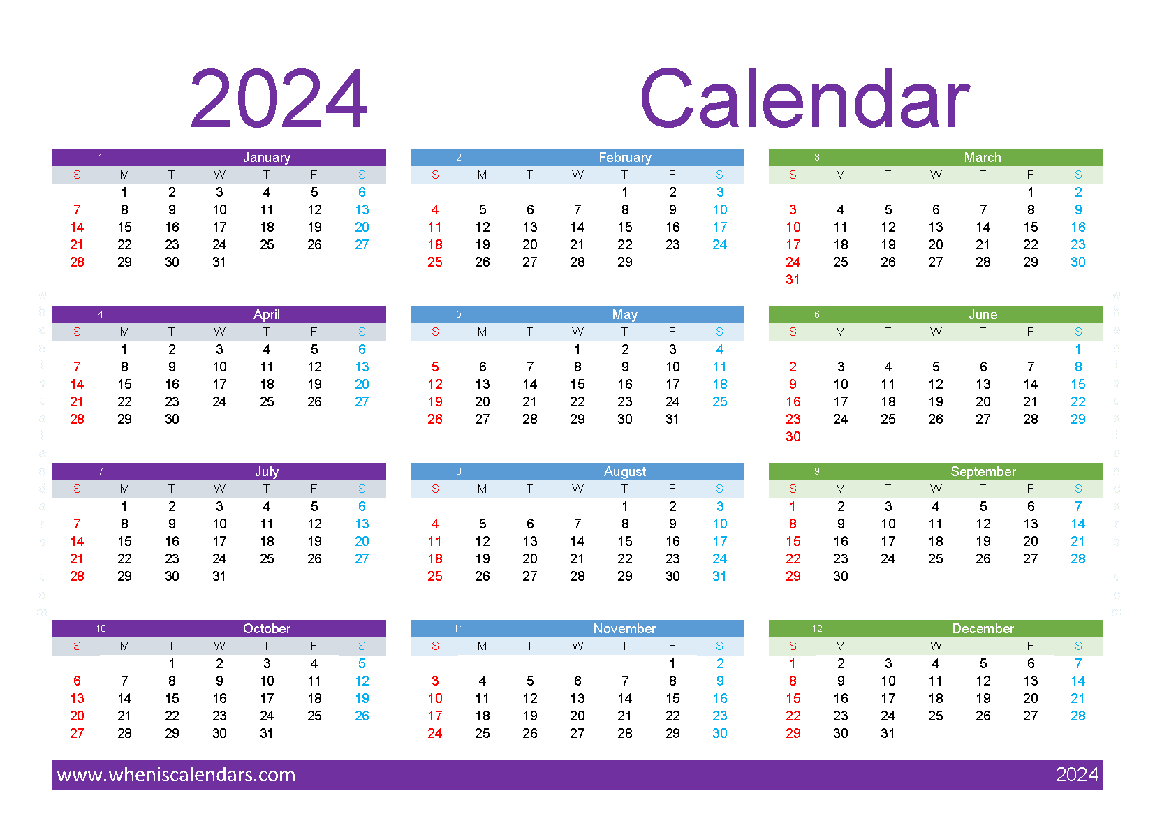free printable 2024 Calendar with holidays A5 in Horizontal landscape