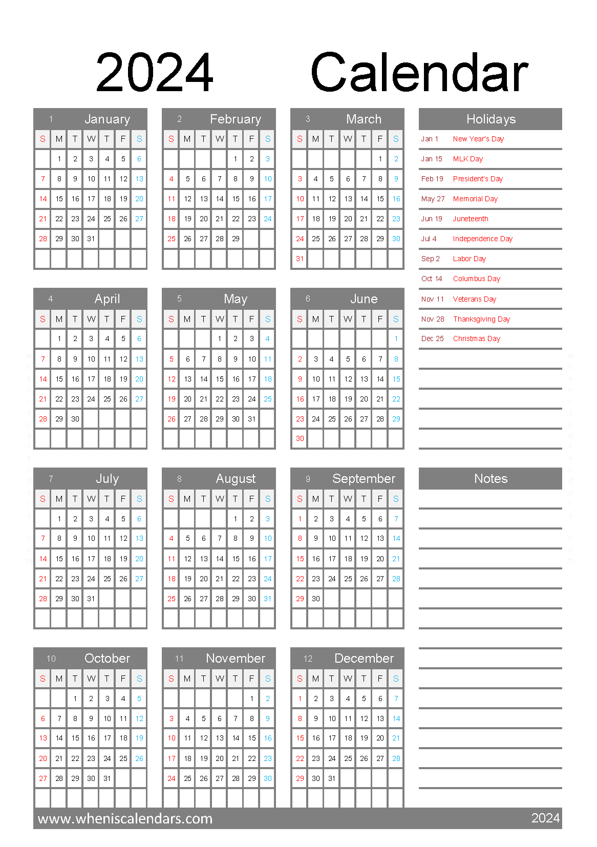 Download 2024 year planner printable A5 Vertical (O4Y067)