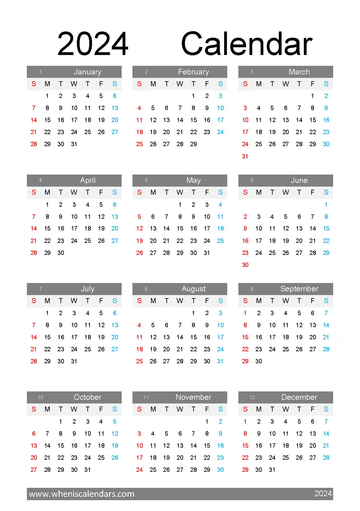 free printable 2024 Calendar with holidays A5 in Vertical portrait