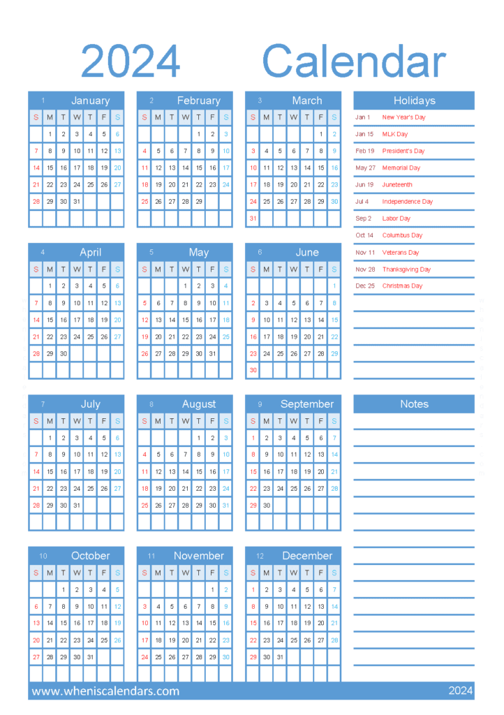 Free Calendar 2024 with Holidays printable A5 in vertical portrait