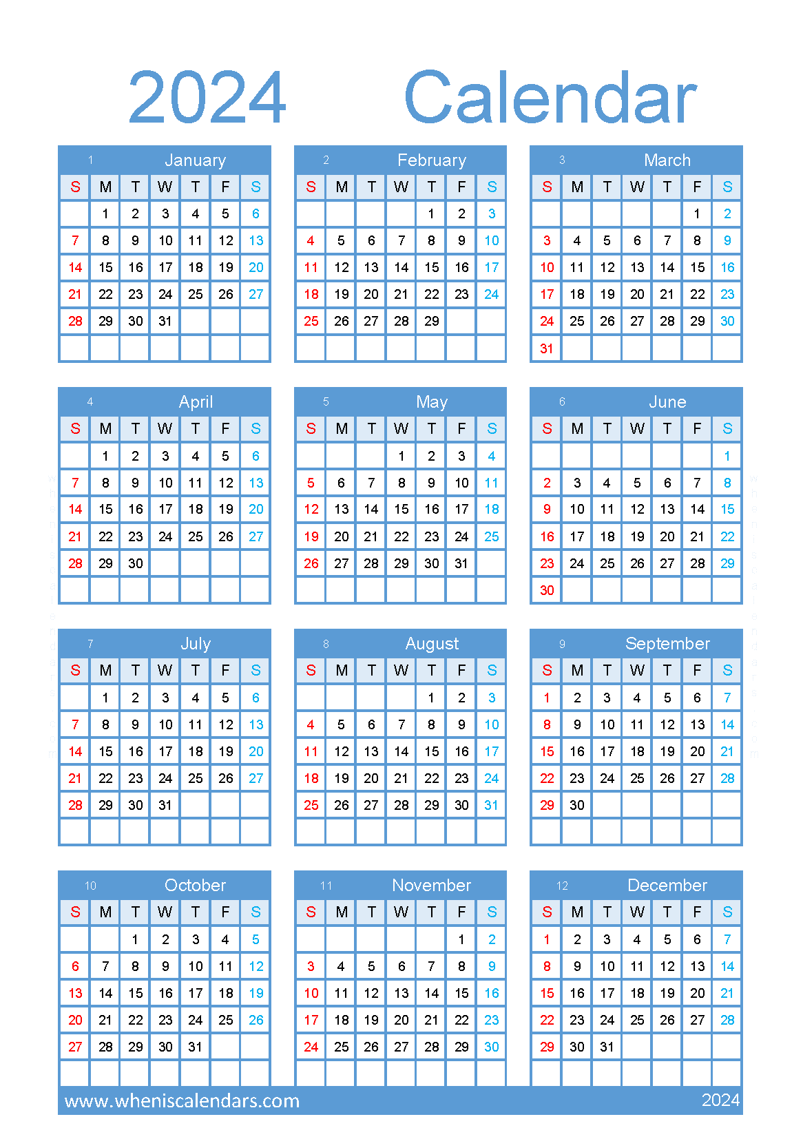 free printable 2024 Calendar with holidays A5 in Vertical