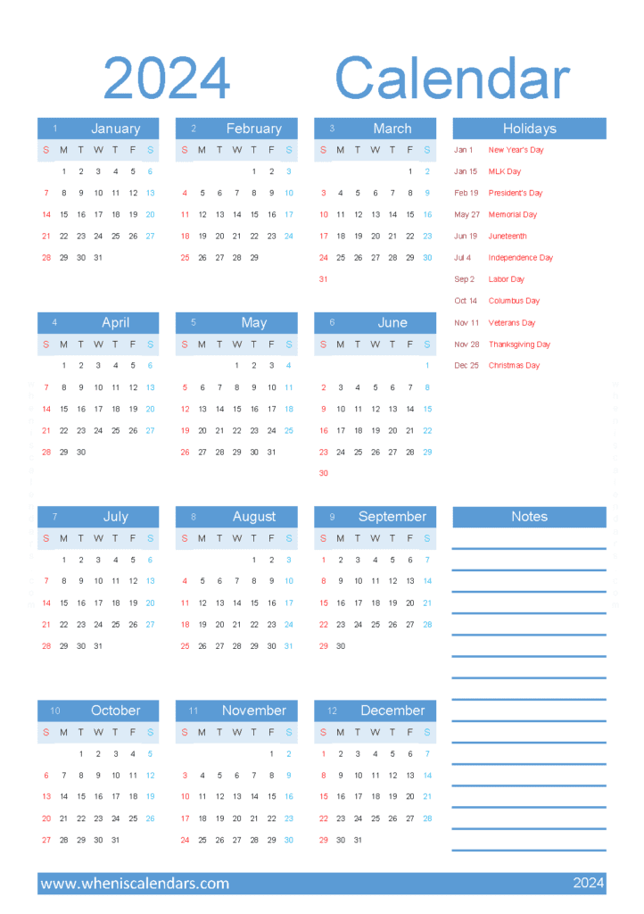 Download printable monthly calendar 2024 with holidays A5 Vertical (O4Y070)