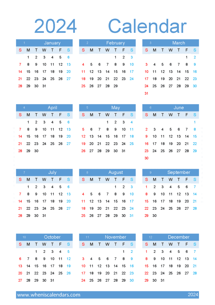 Download 2024 calendar template free A5 Vertical (O4Y158)