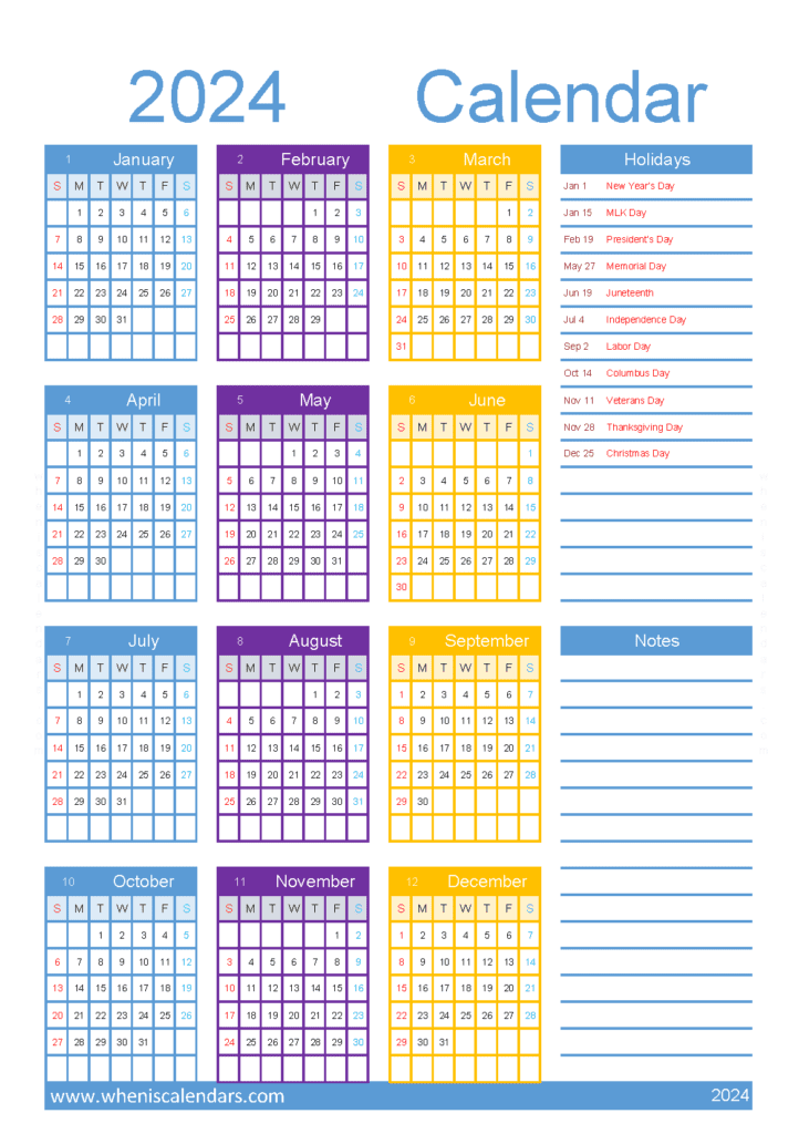 Download printable yearly calendar 2024 A5 Vertical (O4Y071)