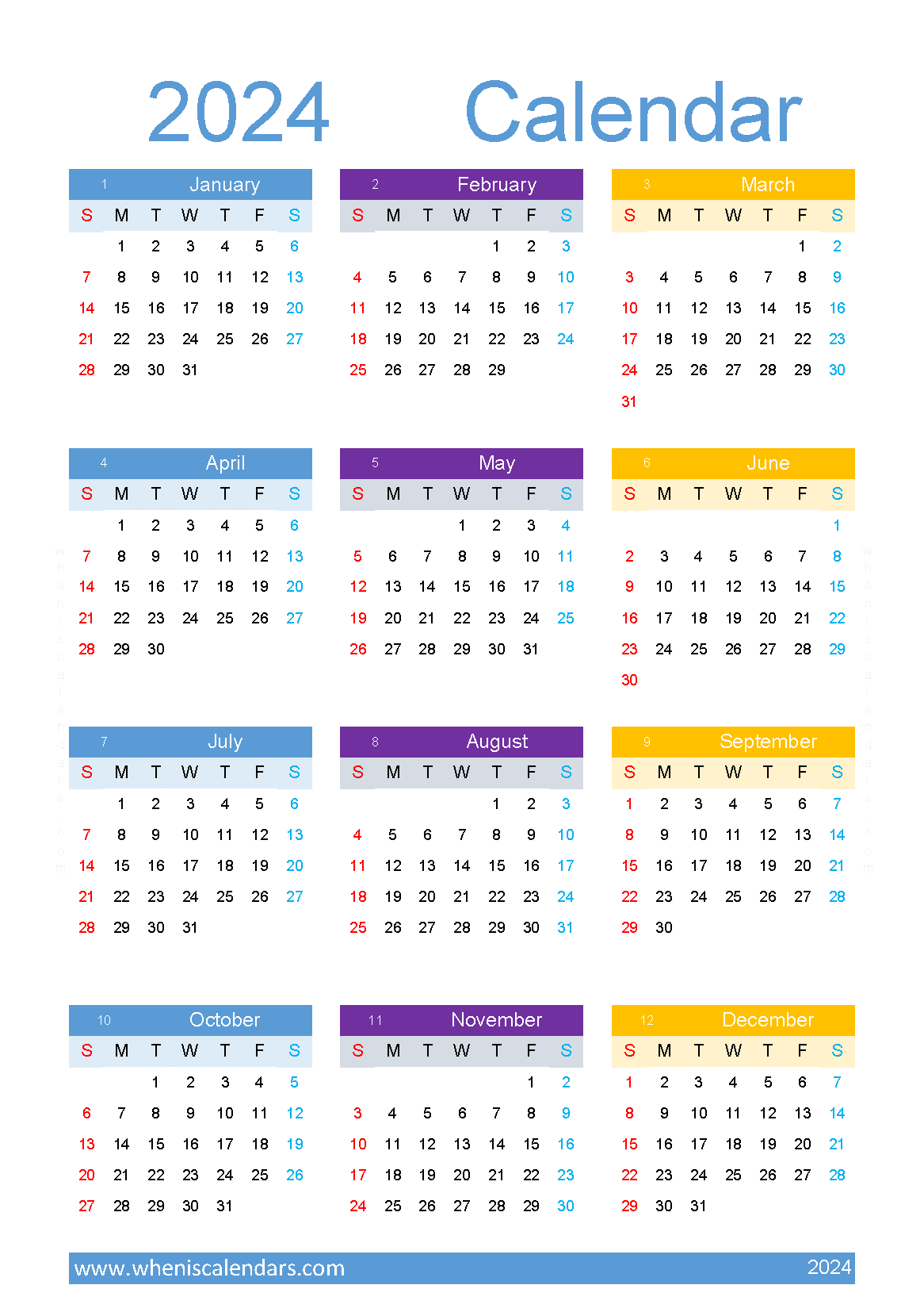 free 2024 Calendar with holidays printable A5 in Vertical