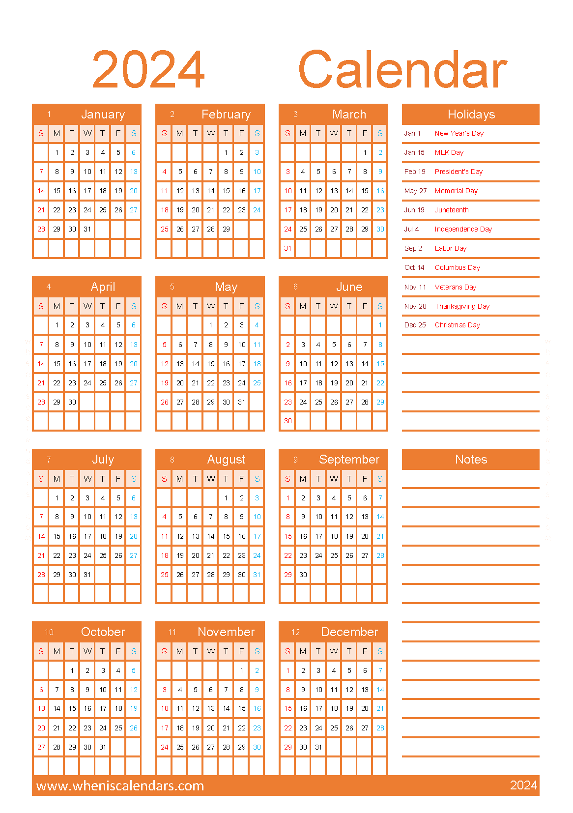 Free printable Calendar 2024 with Holidays A5 in vertical portrait