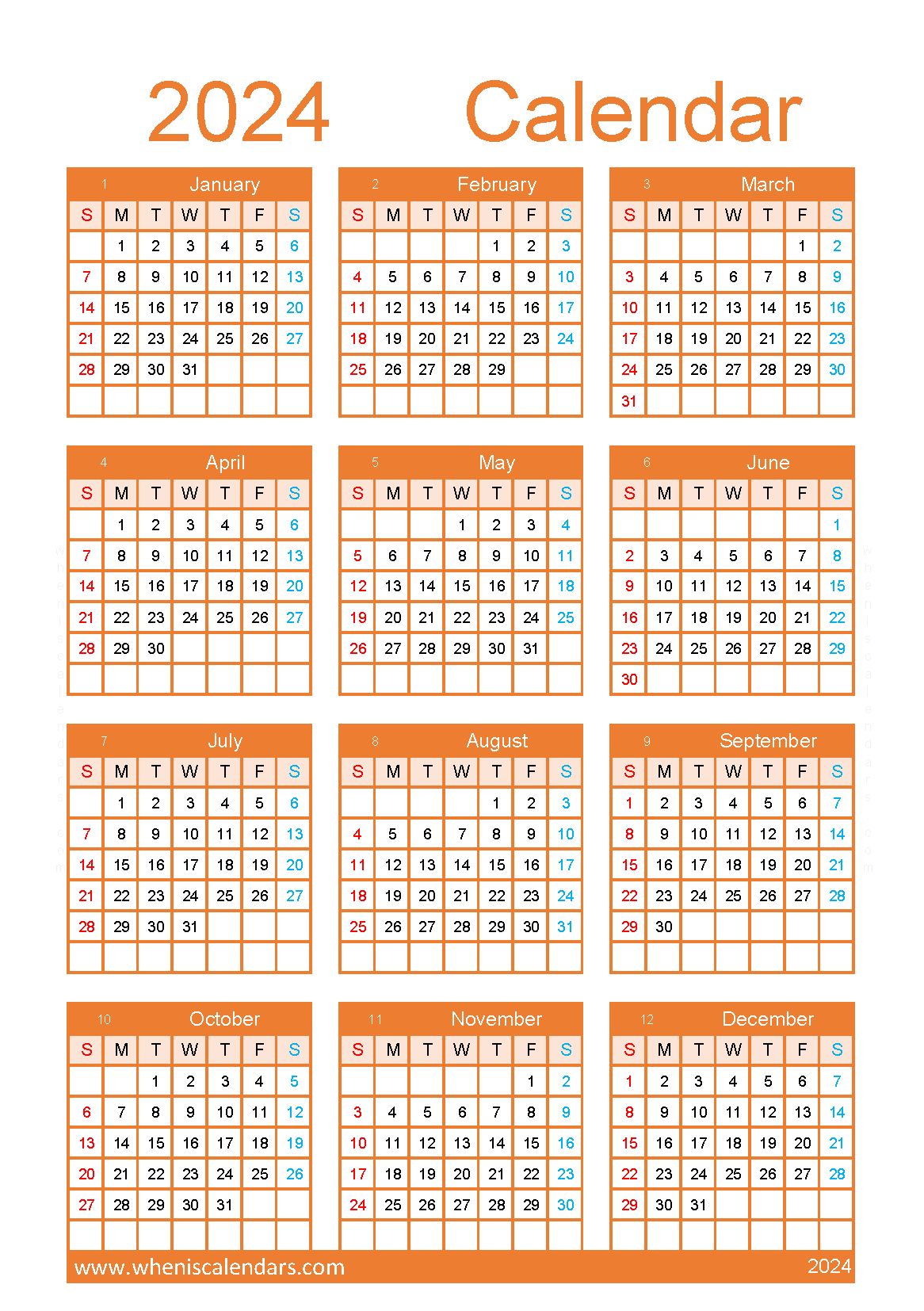 free 2024 Calendar with holidays printable A5 in Vertical