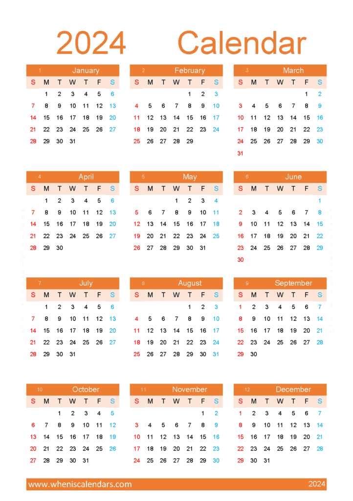 Download free printable 2024 yearly calendar with holidays A5 Vertical (O4Y162)