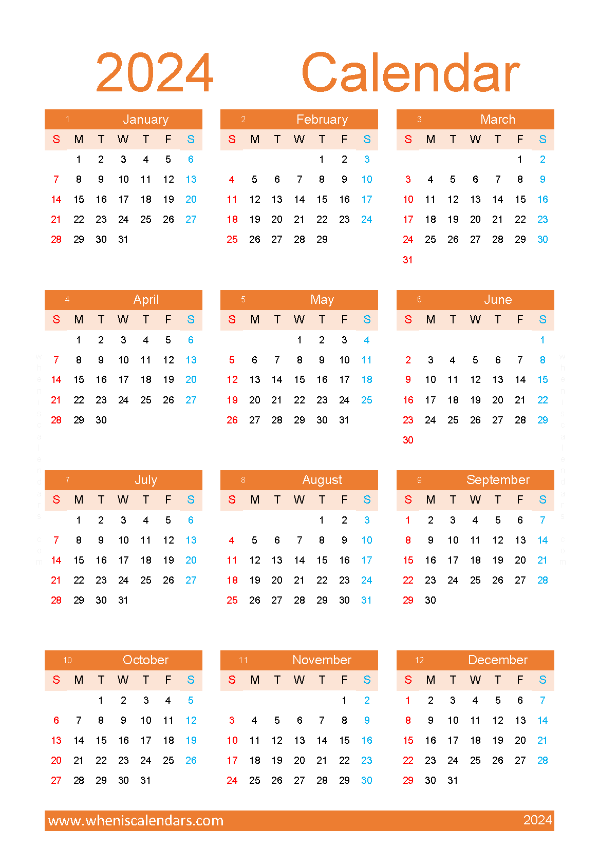 Download free printable 2024 yearly calendar with holidays A5 Vertical (O4Y162)