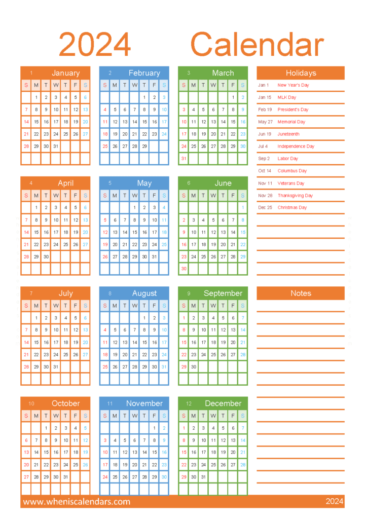 Download 2024 printable calendar one page with holidays A5 Vertical (O4Y075)