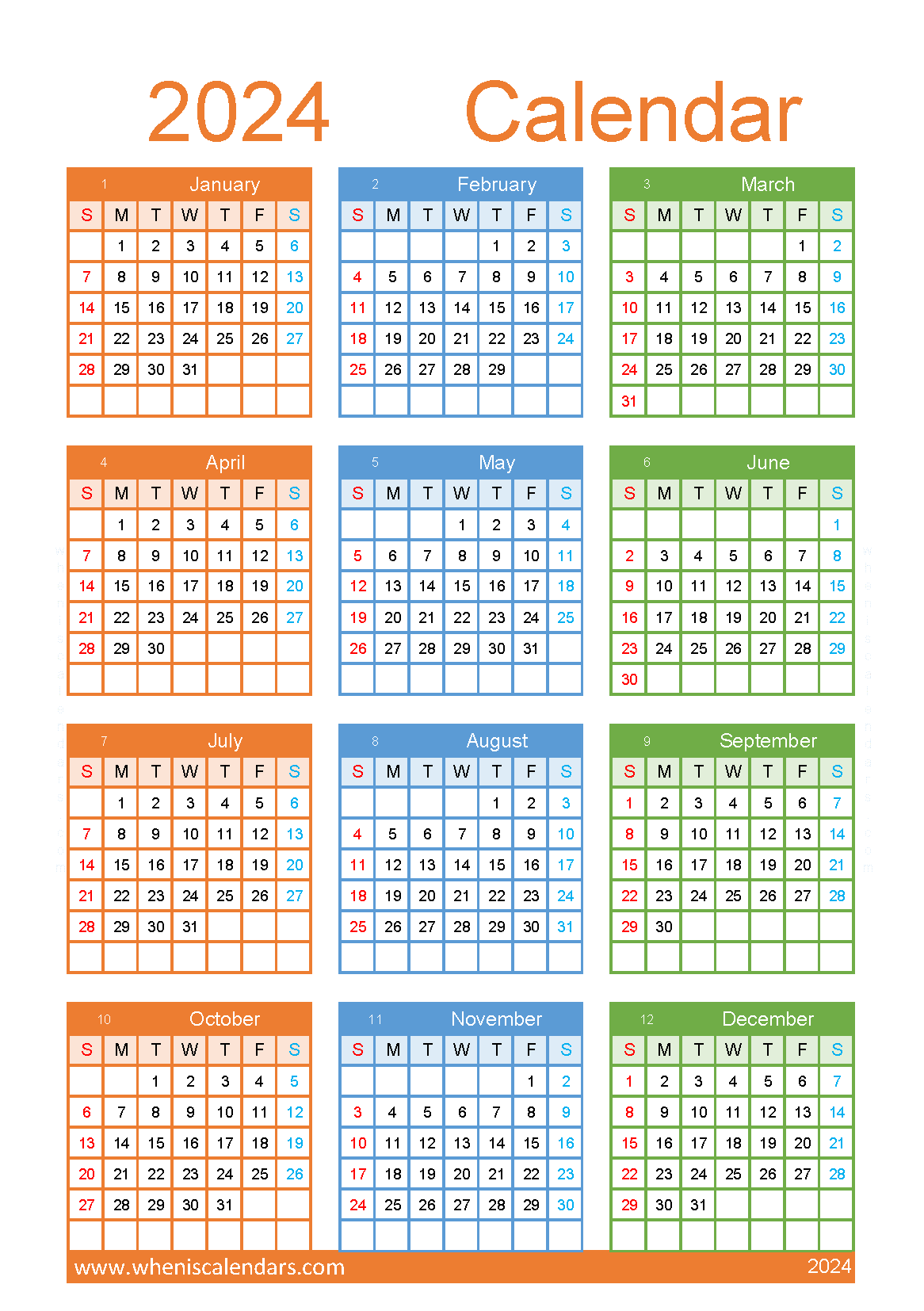free 2024 Calendar printable A5 in Vertical