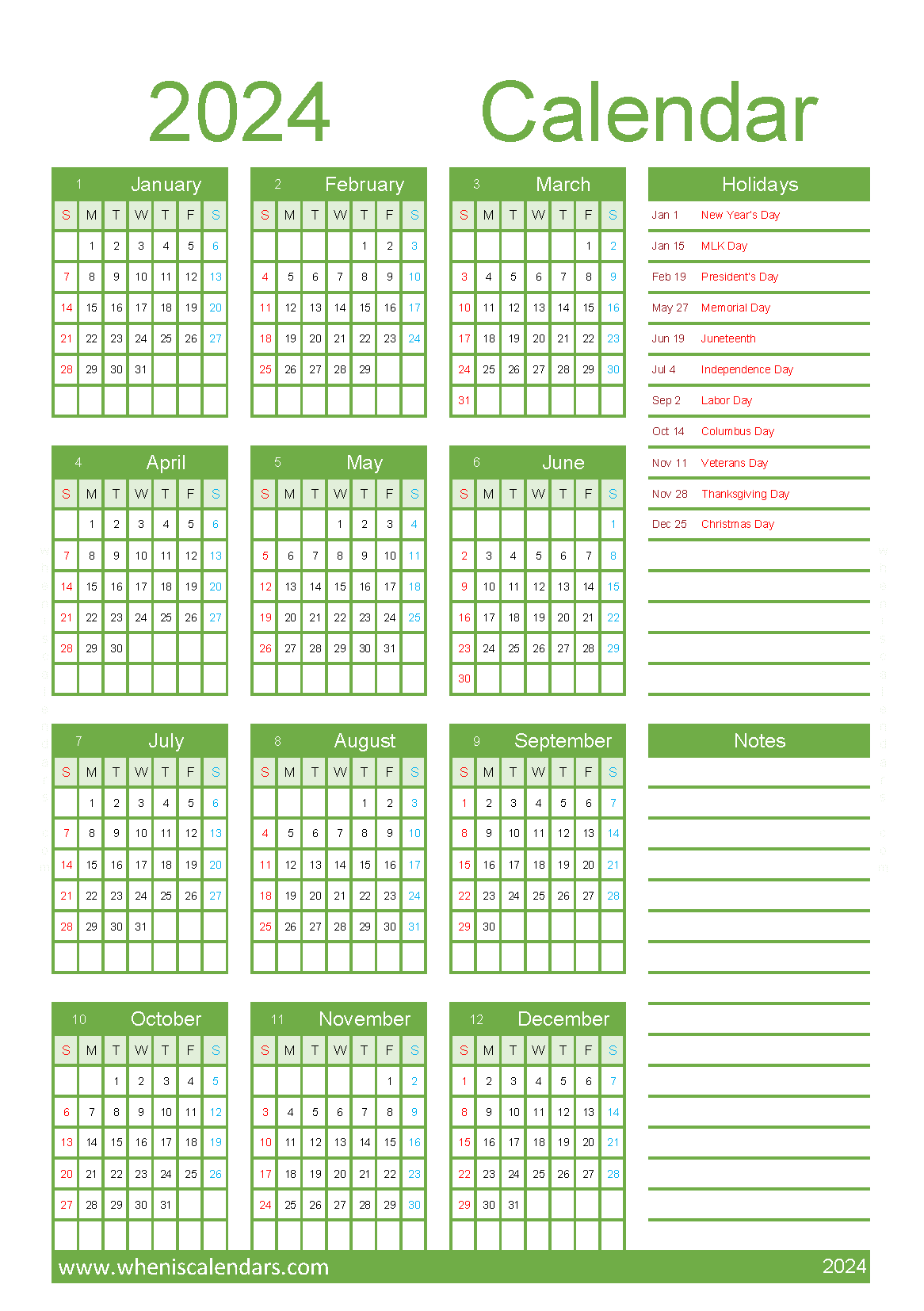 Free printable 2024 Calendar with Holidays A5 in vertical portrait