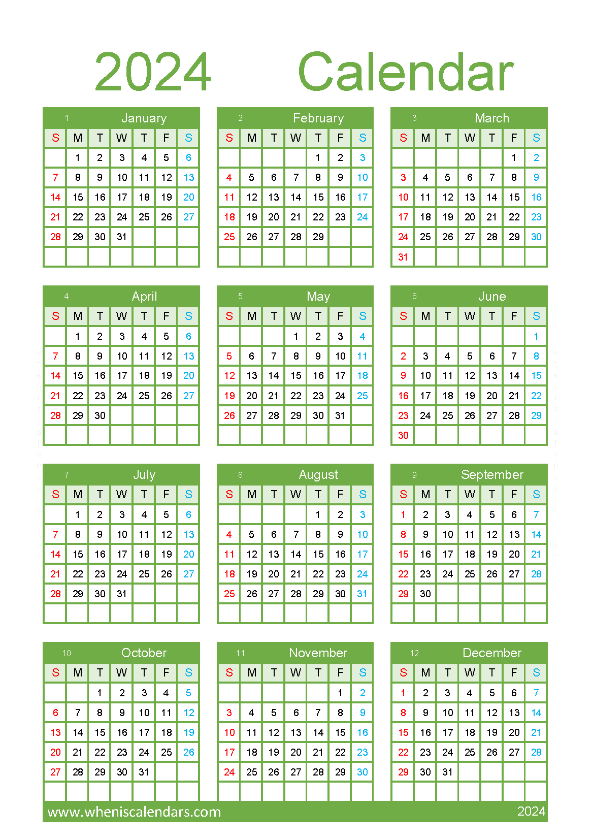 free printable 2024 Calendar Yearly A5 in Vertical