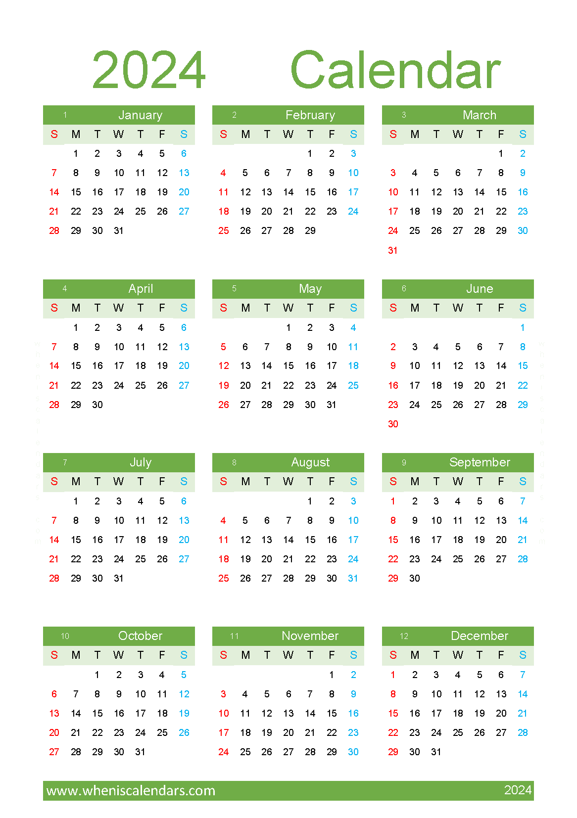 Download 12 month printable calendar 2024 A5 Vertical (O4Y166)