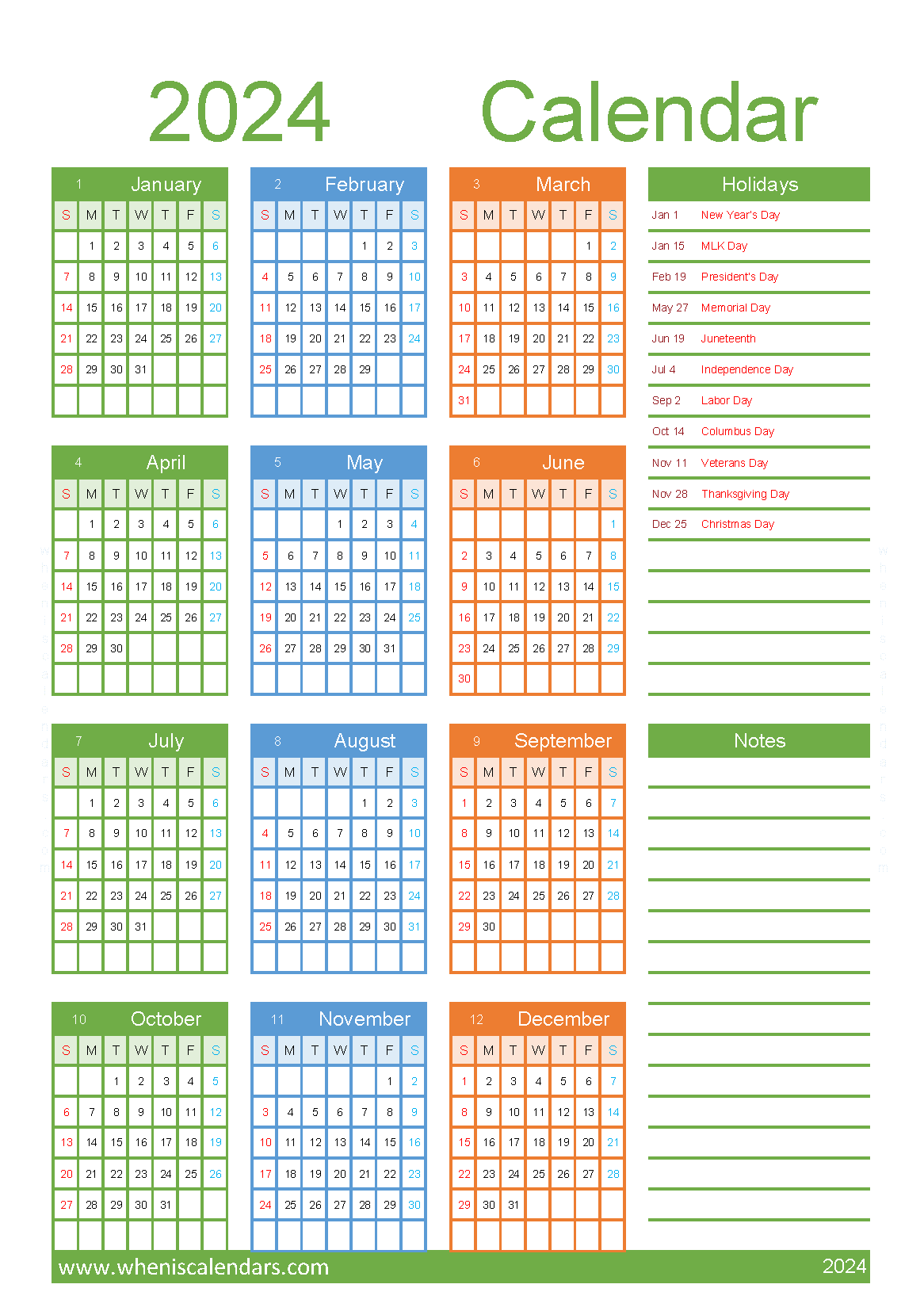 Free printable 2024 Calendar with Holidays A5 in vertical portrait