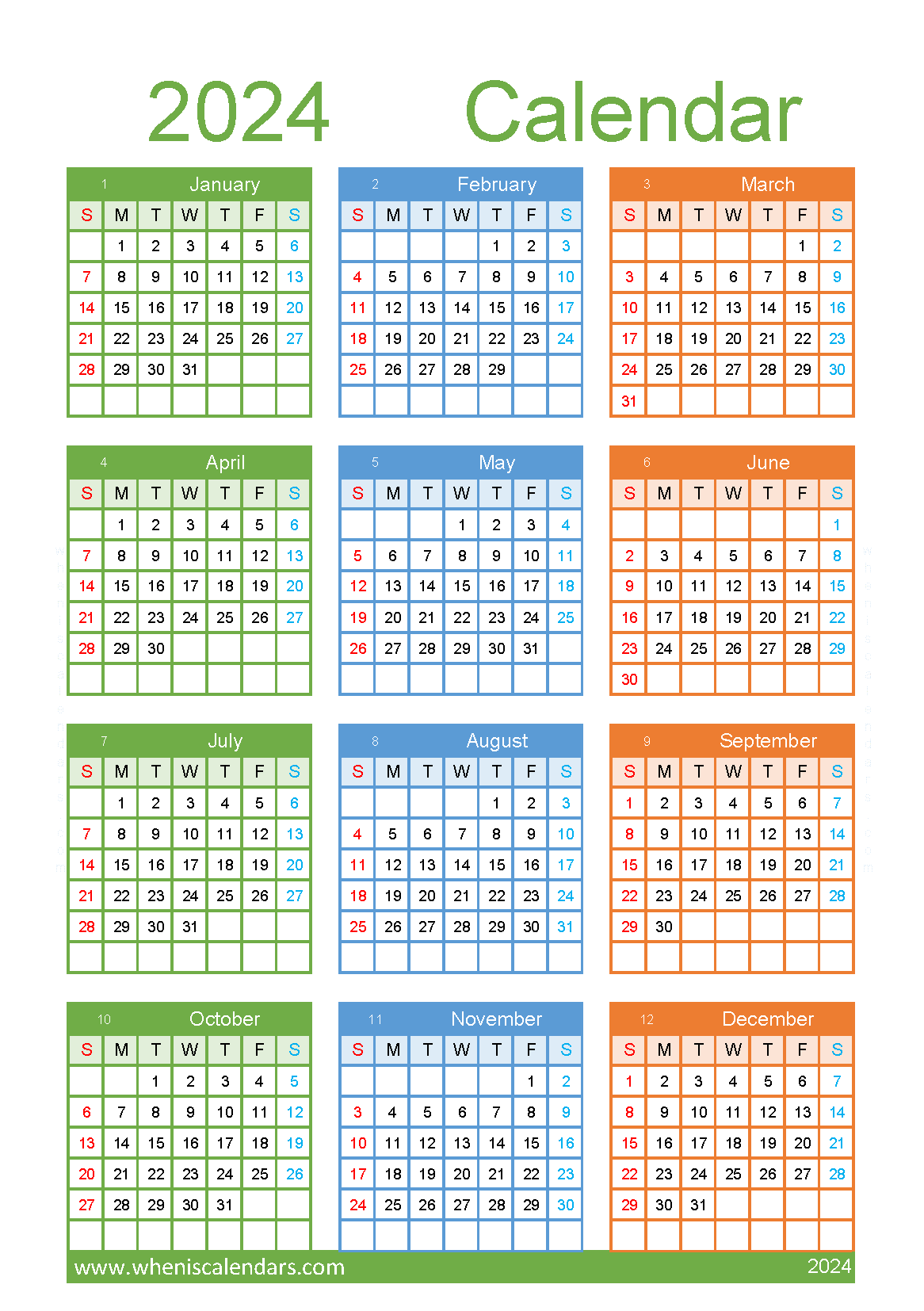 free printable 2024 Calendar Yearly A5 in Vertical Portrait