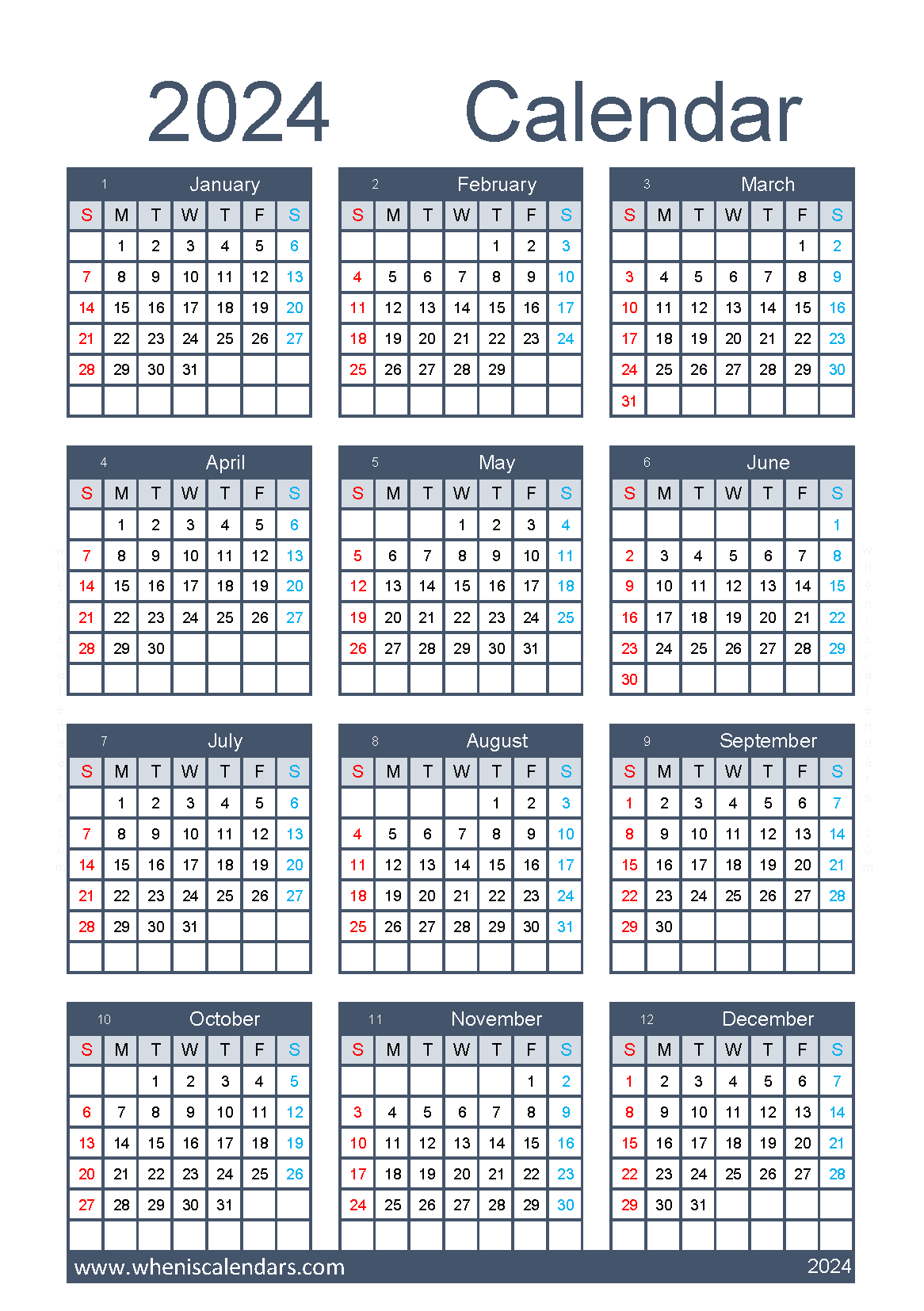 free printable Yearly 2024 Calendar A5 in Vertical Portrait