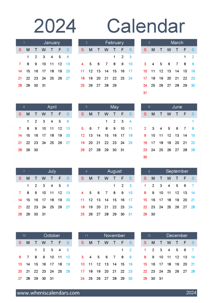 free printable Yearly 2024 Calendar A5 in Vertical Portrait