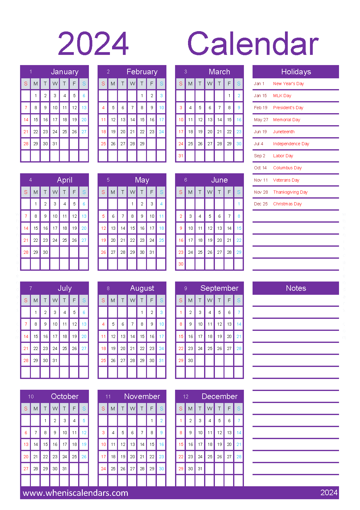 Download Free printable 2024 Calendar with Holidays A5 in vertical portrait