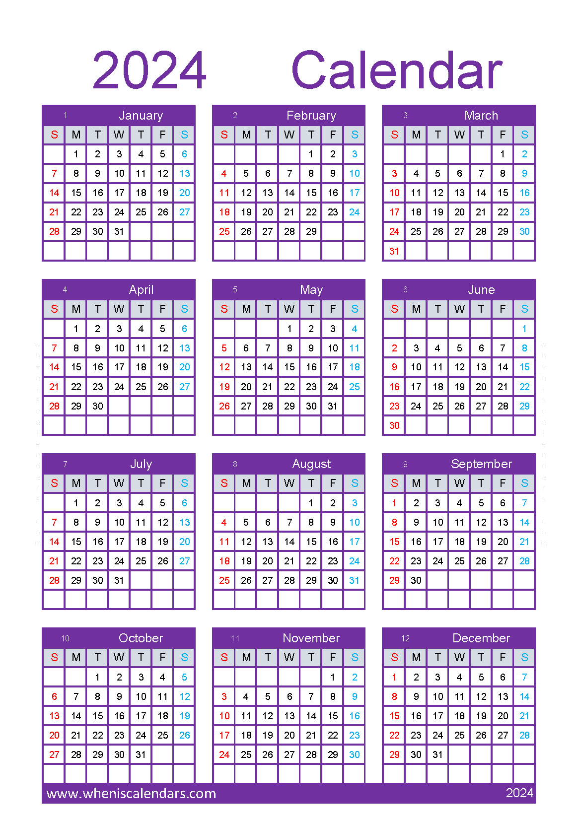 free printable 2024 Calendar one Page A5 in Vertical Portrait