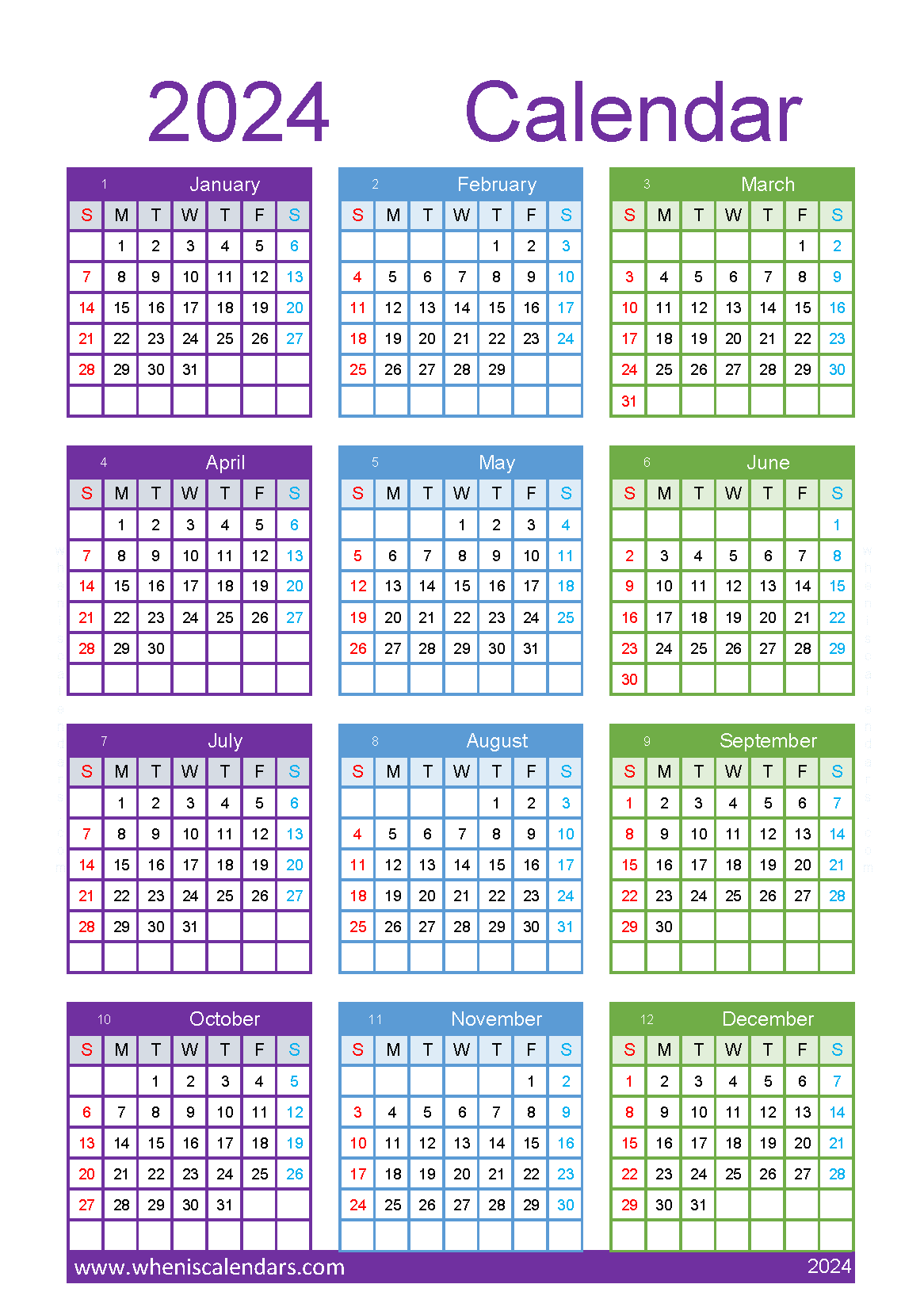 free printable 2024 Calendar one Page A5 in Vertical Portrait colorful design