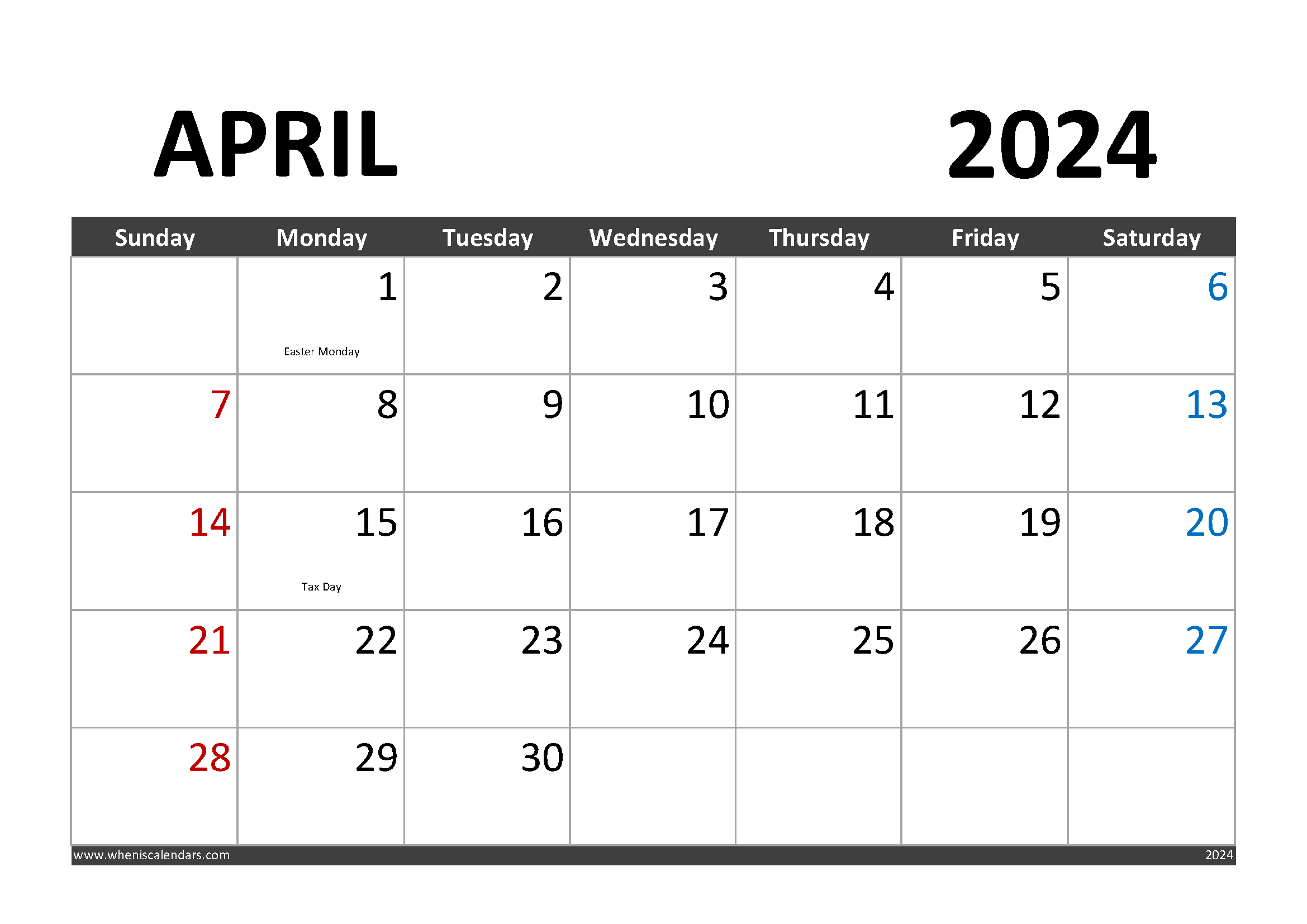Free Printable Calendar April 2024 with Holidays