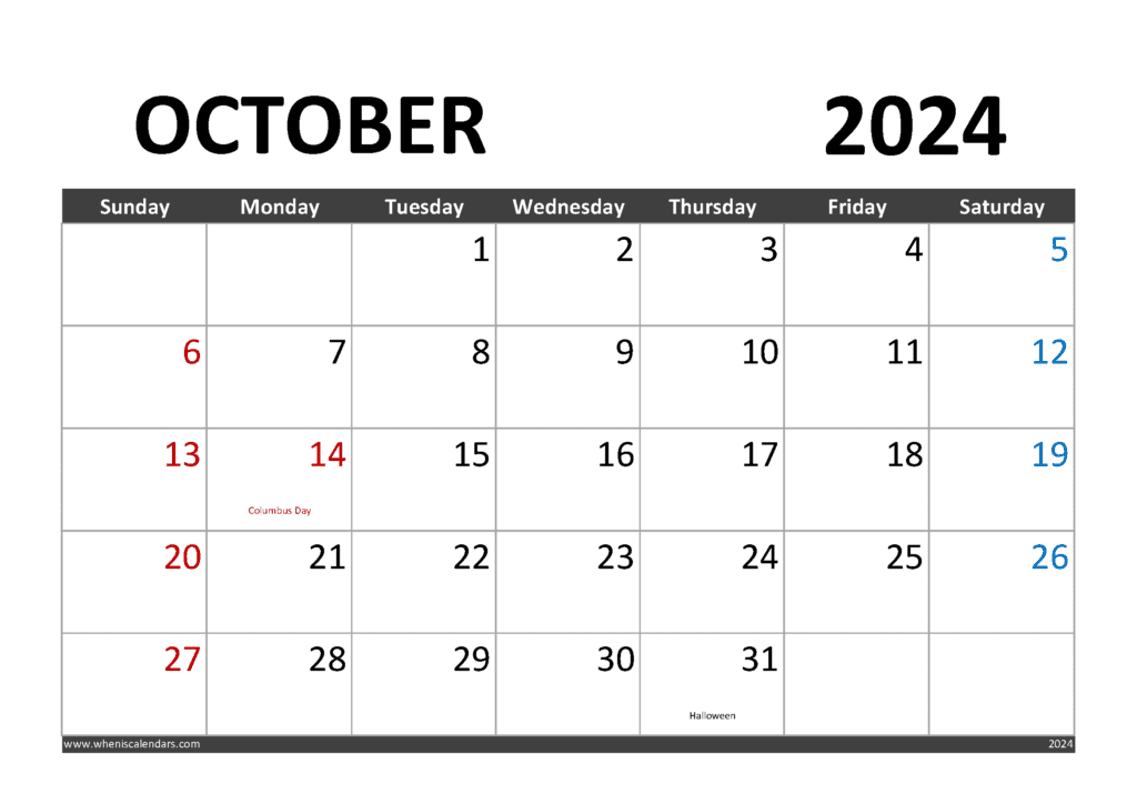 Printable October 2024 Calendar with Holidays