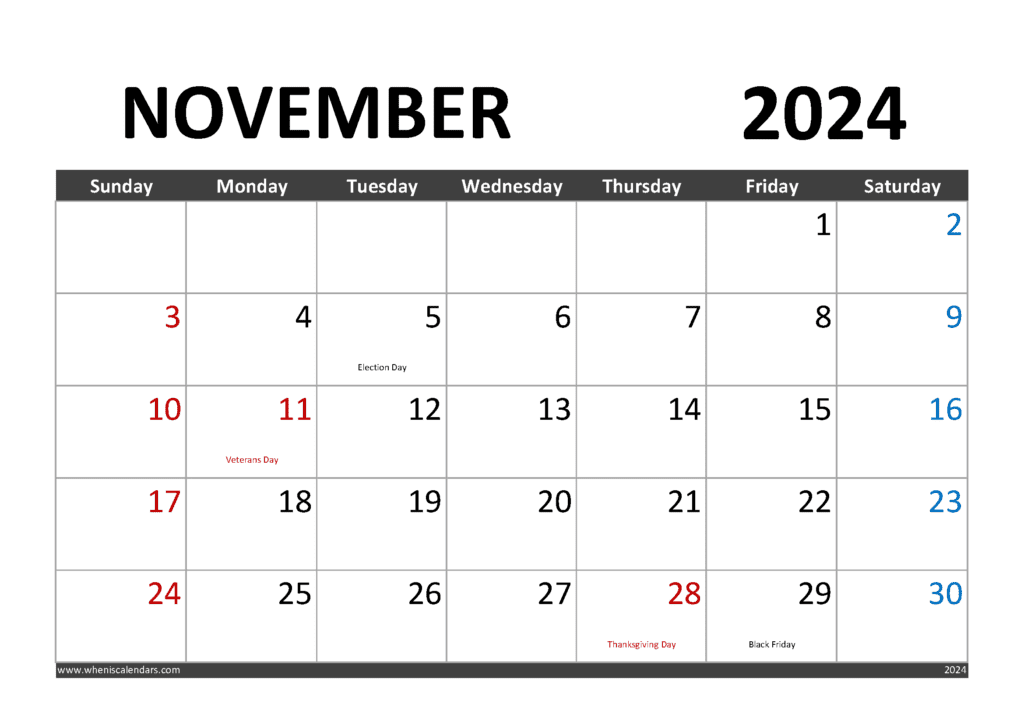Printable November 2024 Calendar with Holidays