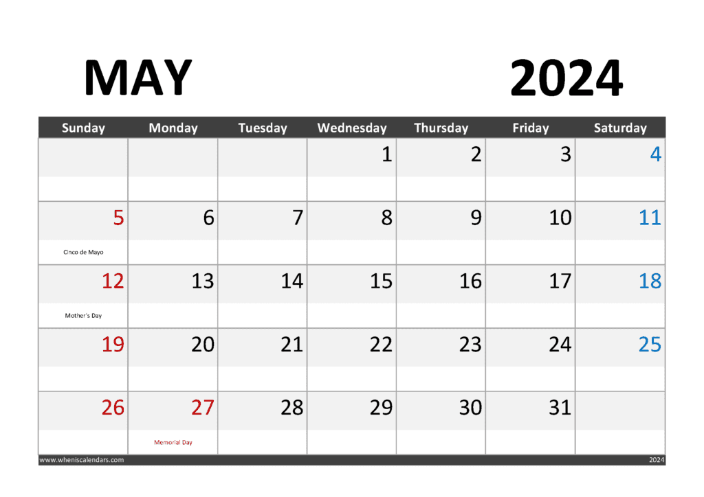 Printable May 2024 Calendar with Holidays