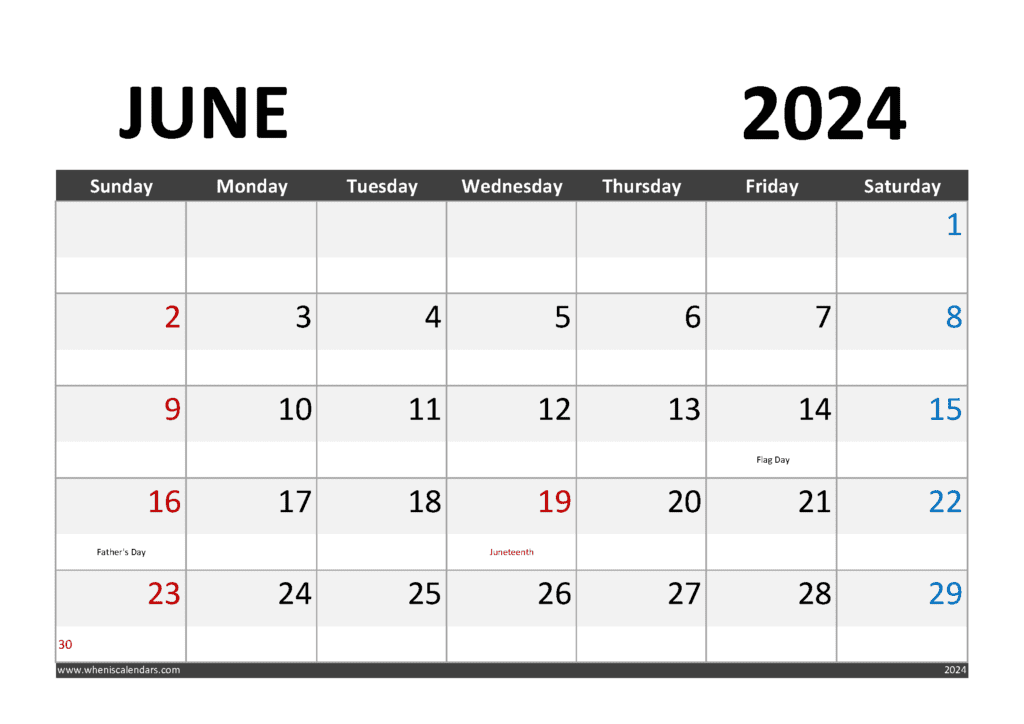 June 2024 Calendar with Holidays Printable