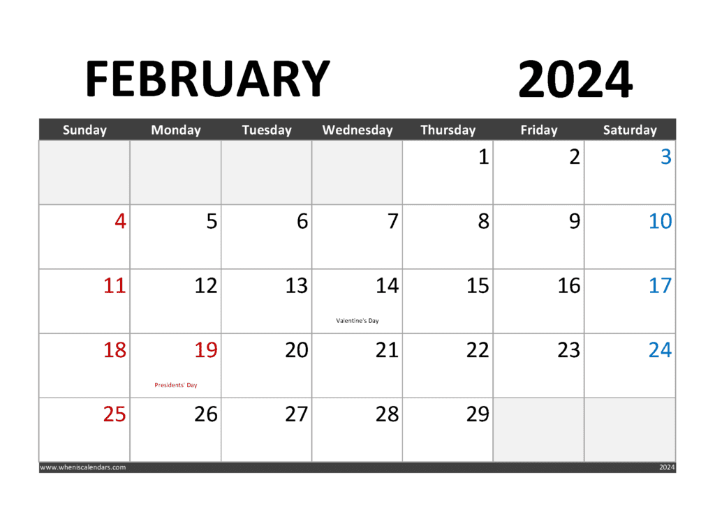 Printable February 2024 Calendar with Holidays