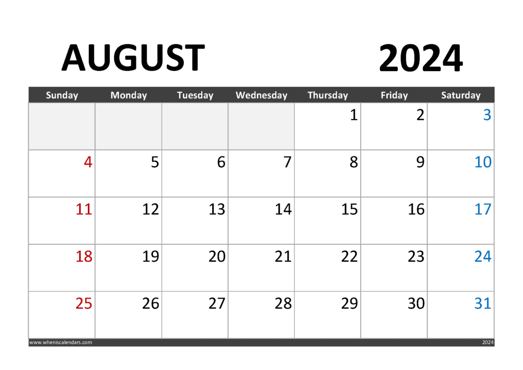 Printable August 2024 Calendar with Holidays
