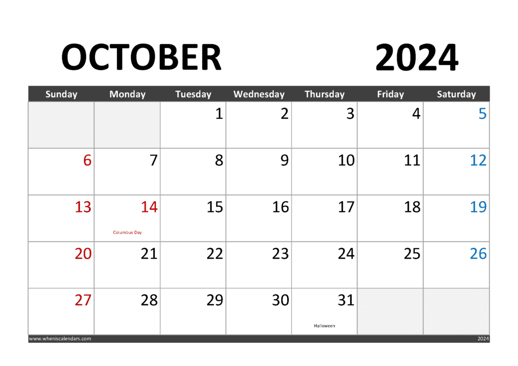 Printable October 2024 Calendar with Holidays