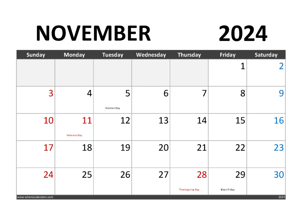 Printable November 2024 Calendar with Holidays