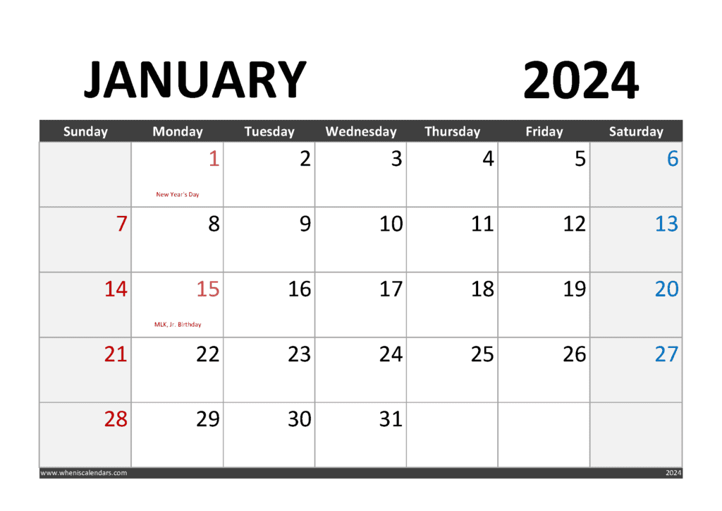 Printable January 2024 Calendar with Holidays