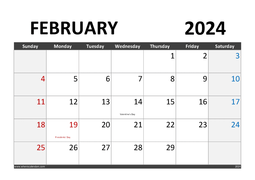 Printable February 2024 Calendar with Holidays