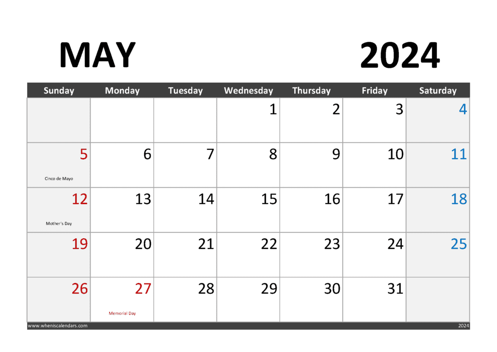 Printable May 2024 Calendar with Holidays