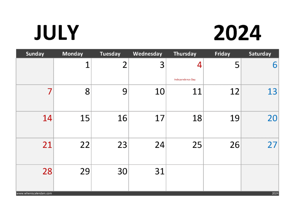 Printable July 2024 Calendar with Holidays