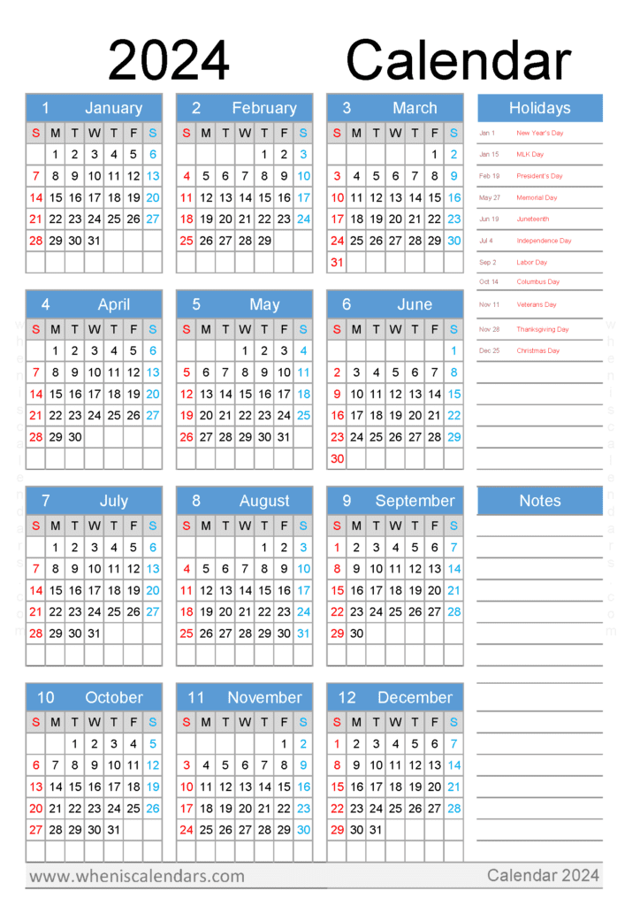 Free Printable Yearly Calendar 2024 with Holidays in Portrait